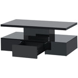 ON-TREND Modern Glossy Coffee Table With Drawer, 2-Tier Rectangle Center Table with Plug-in 16 colors LED lighting for Living room, 39.3”x19.6”x15.3”, Black