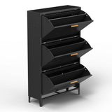 3 Drawer All Steel Shoe Cabinet, Freestanding Shoe Rack Storage Organizer with Flip Door, Modern Tipping Bucket Shoe Cabinet for Entryway, Hallway, Bedroom, Black