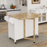 Double Door Kitchen Island with Lockable Wheels, Towel Rack, Storage Drawer and Three Open Shelves