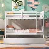 Twin Over Twin Bunk Beds with Trundle, Solid Wood Trundle Bed Frame with Safety Rail and Ladder