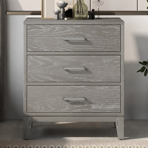 Modern Concise Style Gray Wood Grain Three-Drawer Nightstand