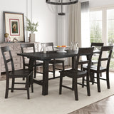 Retro Industrial Style 7-Piece Dining Table Set Extendable Table with 18” Leaf and Six Wood Chairs