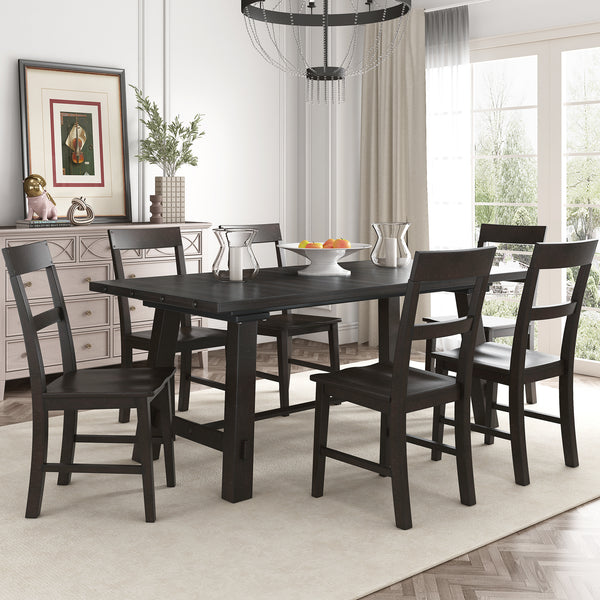 Retro Industrial Style 7-Piece Dining Table Set Extendable Table with 18” Leaf and Six Wood Chairs