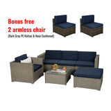 Outdoor Garden Patio Furniture 8-Piece Gray Mix Yellow Rattan Wicker Sectional Navy Cushioned Sofa