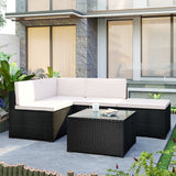 5-Piece Patio Rattan PE Wicker Furniture Corner Sofa Set, with 2 Sofa chairs, 1 Corner chair, 1 ottoman and 1 glass coffee table, Sectional Sofa Chair, Seating, Lying(Black Wicker, Beige Cushion)