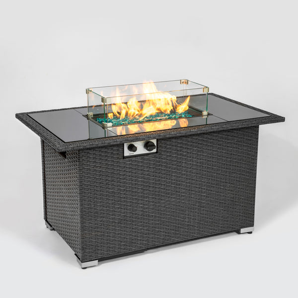 44" Gas Propane Fire pit  Table  Rectangle  50,000 BTU with  8mm Tempered Glass Tabletop & Blue Stone& Steel table lid &Table waterproof dusty Cover ,ETL Certification (Grey)