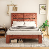 King VIntage Brown Bed Frame Headboard and Charging Station, Wood Platform Bed