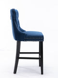 Contemporary Velvet Upholstered Barstools with Button Tufted Decoration and Wooden Legs, and Chrome Nailhead Trim, Leisure Style Bar Chairs,Bar stools, Set of 2 (Blue)