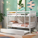 Twin Over Twin Bunk Beds with Trundle, Solid Wood Trundle Bed Frame with Safety Rail and Ladder