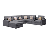 Gray Linen Fabric 7Pc Reversible Chaise Sectional Sofa with a USB, Charging Ports, Cupholders, Storage Console Table and Pillows and Interchangeable Legs