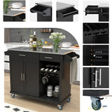 Kitchen Cart with Stainless Steel Top and Storage Cabinet with Two Drawers & Goblet Holder & Wine Rack & Spice Rack & Towel Holder