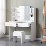Large Vanity Desk with Mirror and Lights, Makeup Vanity Table with 10 Light Bulbs, 2 Drawers, 6 Storage Shelves & Cushioned Stool, Makeup Vanity with Lights for Bedroom, White