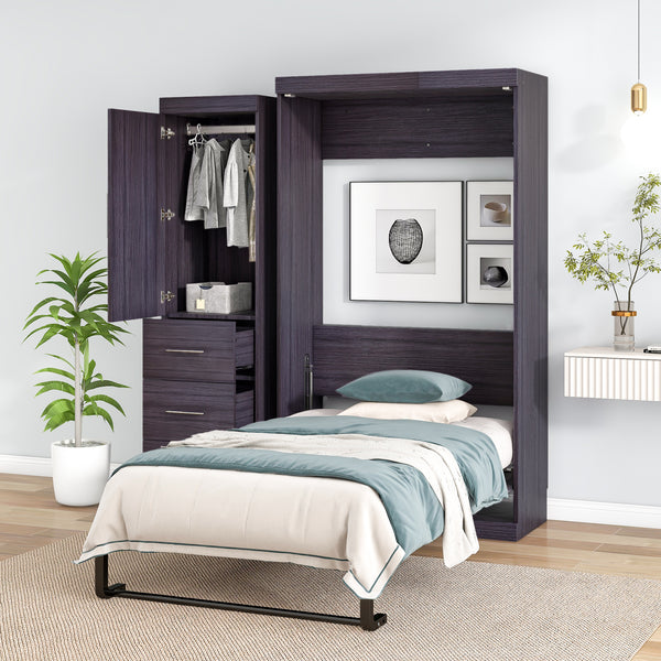 Twin Size Murphy Bed with Wardrobe and Drawers, Storage Bed, can be Folded into a Cabinet