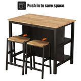 3 PCS Dining Table Set Rustic Retro Breakfast Table Dining Stools RubberWood for 2 with Two Open Shelves for Small Space Kitchen Dining Room