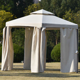 Outdoor Patio Hexagon Gazebo with Polyester Curtain Side Wall, Double Roofs for Decks, Poolsides, Gardens, Beige