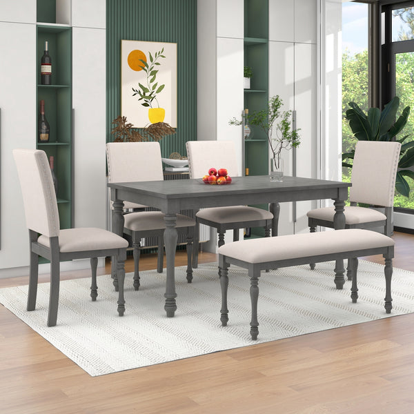 6-Piece Wood Dining Table Set Rectangular Table with Turned Legs, 4 Upholstered Chairs and Bench for Dining Room