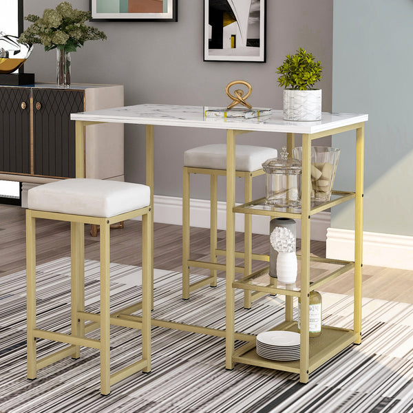 3-piece Modern Pub Set with Faux Marble Countertop and Bar Stools