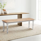 Grained Rectangular Wooden Bench with Turned Legs, Natural Brown and White