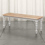 Grained Rectangular Wooden Bench with Turned Legs, Natural Brown and White