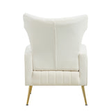 Modern Velvet Accent Chair with Arms, Wingback Reading Chair with Gold Metal Legs, Comfy Upholstered Single Leisure Sofa for Living Room Bedroom Club(Velvet+White)