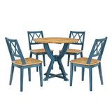 TOPMAX Mid-Century 5-Piece Round Dining Table Set with Trestle Legs and 4 Cross Back Dining Chairs, Antique Oak+Antique Blue
