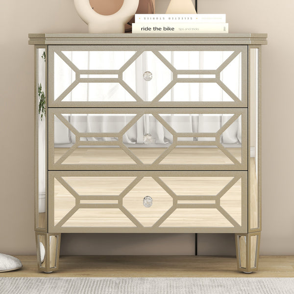 Elegant Mirrored 3-Drawer Chest with Golden Lines Storage Cabinet for Living Room, Hallway, Entryway