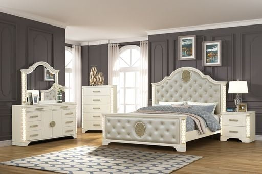 Queen 5 Pc Unique LED Bedroom Set made with Wood in Beige