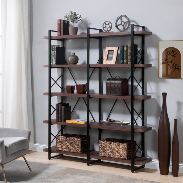 Home Office 5 Tier Bookshelf, X Design Etageres Storage Shelf, Industrial Bookcase for Office with Metal Frame