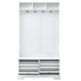All in One Hall Tree with 3 Top Shelves and 2 Flip Shoe Storage Drawers, Wood Hallway Organizer with Storage Bench and Metal Hanging Hooks, White