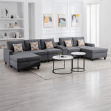 Gray Linen Fabric 6Pc Double Chaise Sectional Sofa with Interchangeable Legs, a USB, Charging Ports, Cupholders, Storage Console Table and Pillows