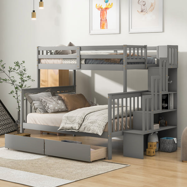 Twin Over Full Bunk Bed with 2 Drawers and Staircases