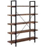 5-tier Industrial Bookcase with Rustic Wood and Metal Frame, Large Open Bookshelf for Living Room（Distressed Brown）