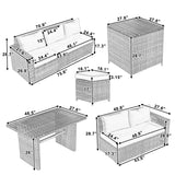 Outdoor 6-Piece Rattan Sofa Set, Garden Patio Wicker Sectional Furniture Set with Adjustable Seat, Storage Box, Removable Covers and Tempered Glass Top Table