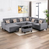 Gray Linen Fabric 8Pc Reversible Chaise Sectional Sofa with Interchangeable Legs, Pillows, Storage Ottoman, and a USB, Charging Ports, Cupholders, Storage Console Table