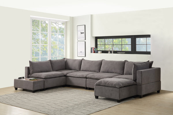 Light Gray Fabric 7Pc Modular Sectional Sofa Chaise with USB Storage Console Table