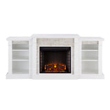 Gallatin Electric Fireplace w/ Bookcases – White w/ White Faux Stone