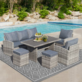 6-Piece Outdoor PE Rattan Sofa Set Patio Garden Wicker Dining and Coffee Sofa-Grey