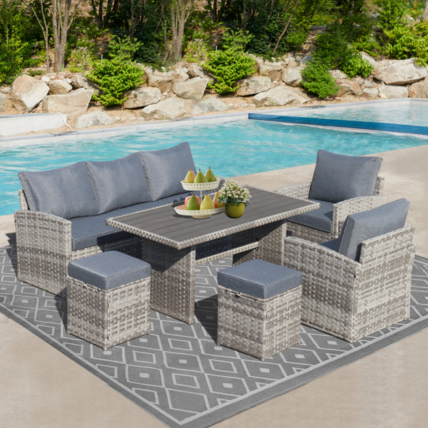6-Piece Outdoor PE Rattan Sofa Set Patio Garden Wicker Dining and Coffee Sofa-Grey
