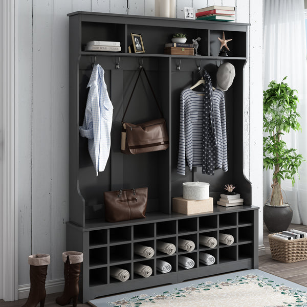 Modern Style Multiple Functions Hallway Coat Rack with Metal Black Hooks, Entryway Bench 60" Wide Hall Tree with Ample Storage Space and 24 Shoe Cubbies
