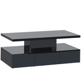 ON-TREND Modern Glossy Coffee Table With Drawer, 2-Tier Rectangle Center Table with Plug-in 16 colors LED lighting for Living room, 39.3”x19.6”x15.3”, Black