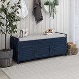 TREXM  Storage Bench with 3 Shutter-shaped Doors,  Shoe Bench with Removable Cushion and Hidden Storage Space (Antique Navy)
