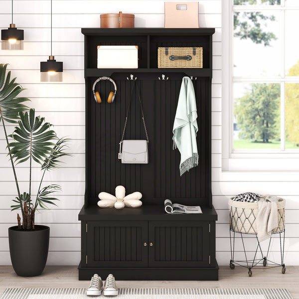 Black Hall Tree with Storage Shoe Bench for Entryway and Hallway
