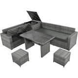 Outdoor 6-Piece Rattan Sofa Set, Garden Patio Wicker Sectional Furniture Set with Adjustable Seat, Storage Box, Removable Covers and Tempered Glass Top Table