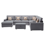 Gray Linen Fabric 8Pc Reversible Chaise Sectional Sofa with Interchangeable Legs, Pillows, Storage Ottoman, and a USB, Charging Ports, Cupholders, Storage Console Table