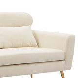 Beige Loveseat Small Sofa, With 2 Throw Pillows, Gold Metal Legs