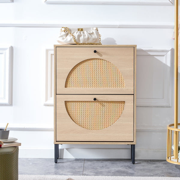 Shoe cabinet Modern simple storage cabinet MDF Lockers Japanese rattan bedside cabinet Small household furniture bedside table.Applicable to dressing table in bedroom, porch, living room.2 Drawers