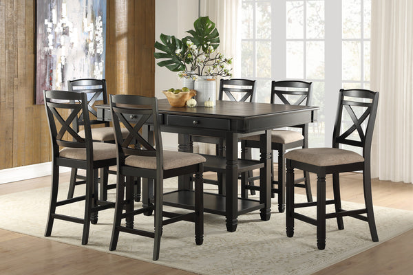Transitional Style Counter Height Dining Set 7pc Table w Display Shelves Drawers and 6x Counter Height Chairs Black Finish Funiture