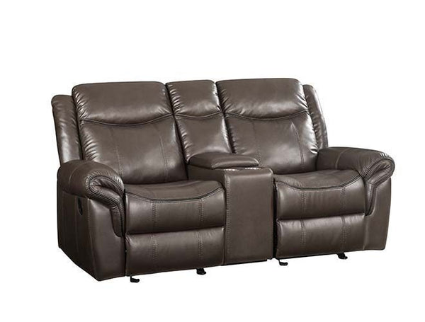 Brown Leather Reclining Motion Loveseat w/Console