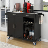 Kitchen Cart with Stainless Steel Top and Storage Cabinet with Two Drawers & Goblet Holder & Wine Rack & Spice Rack & Towel Holder