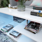 LED Coffee Table for Living Room, Modern Coffee Table, High Gloss White Finish Centre Sofa Table, S-Shaped Open Storage Shelf